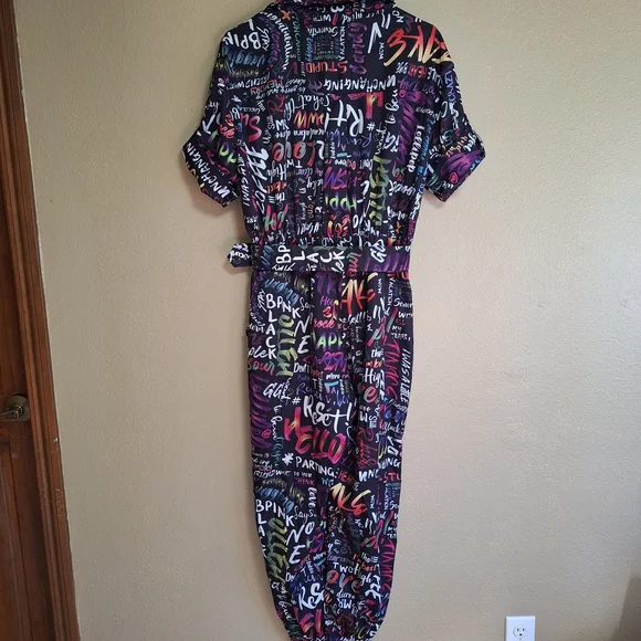 L'atiste Colorful Graffiti Print Full Length Belted Mechanic Style Jumpsuit - Picture 5 of 16